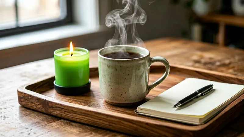 Ceramic mug, steam, green candle, journal, pen, soft lighting, wooden tray