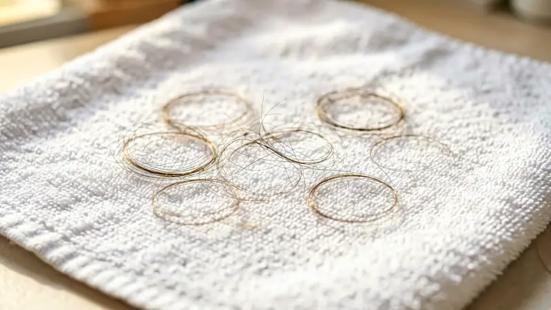 Scattered loose hairs on white towel