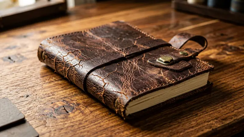Cracked leather journal on a wooden desk