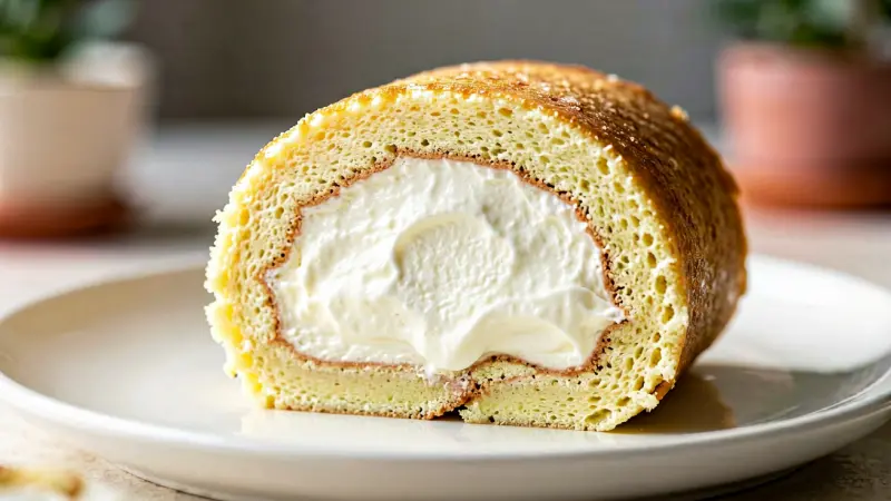 Cross-section of Boston cream roll with cream filling