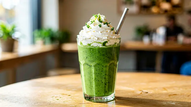 Green milkshake in a glass cup with whipped cream