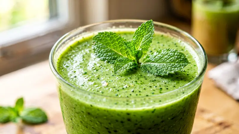 Close up of green shake surface with mint garnish
