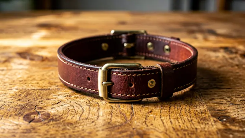 Leather dog collar on wooden table