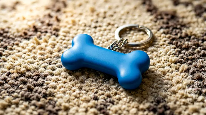Bone-shaped blue keychain on carpet