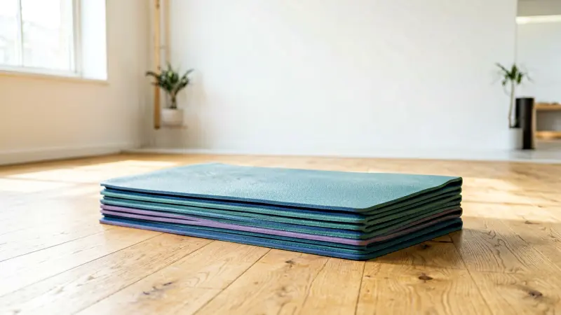Stacked yoga mats on a wooden floor in a bright, minimalist studio