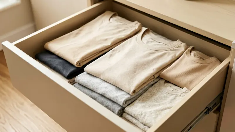 Neatly folded minimalist clothing arranged in a drawer with beige and neutral tones