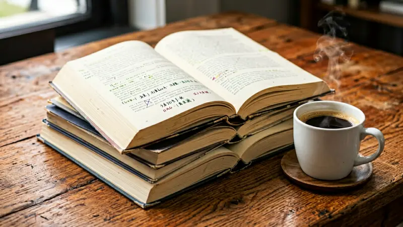 Stack of open books with notes and a coffee cup on a wooden desk