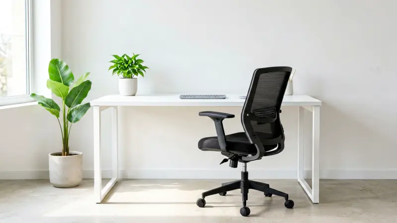 Minimalist workspace with white desk, ergonomic chair, and potted plant