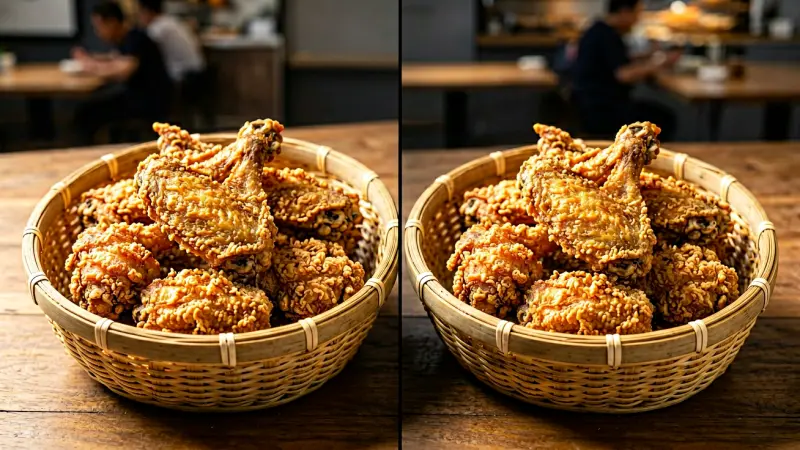 Two baskets of crispy fried chicken wings separated by a dividing line