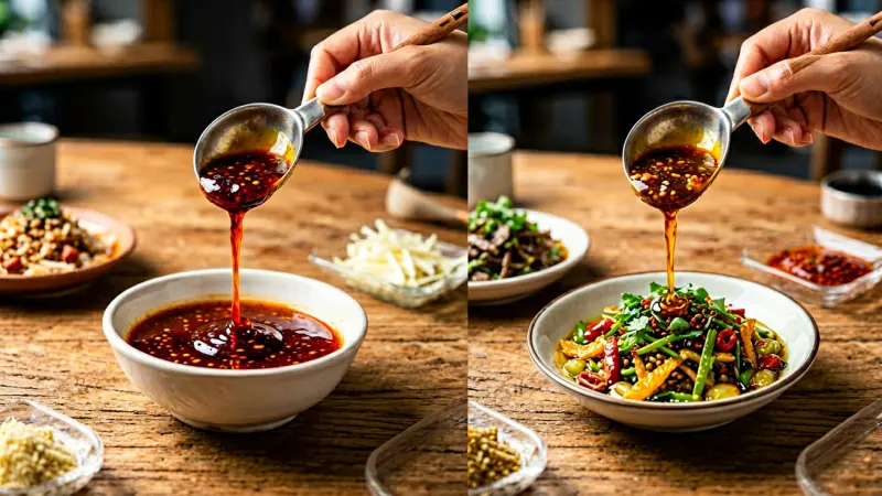 Side-by-side display of dipping sauces and side dishes on a wooden table