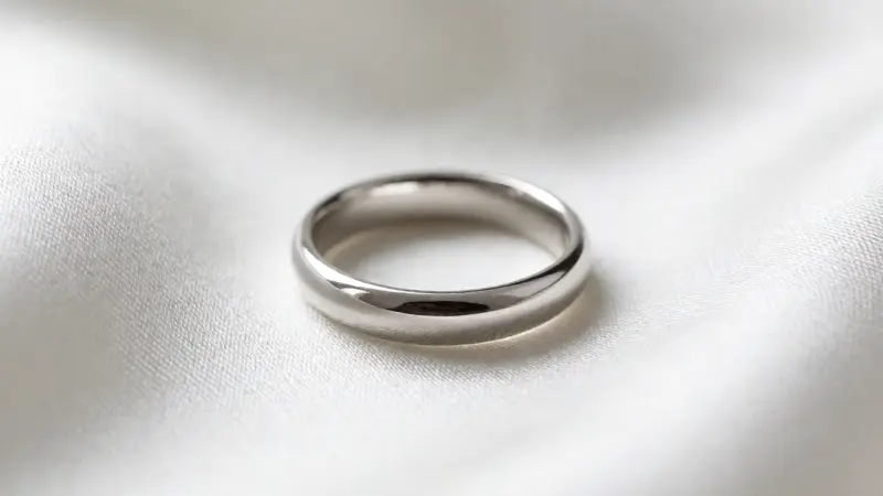 Silver promise ring resting on a white silk cloth