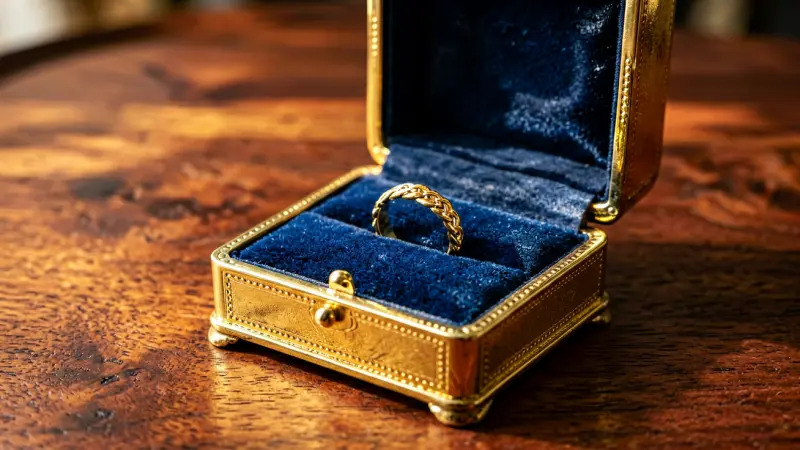 Gold band box with velvet interior open on a wooden table