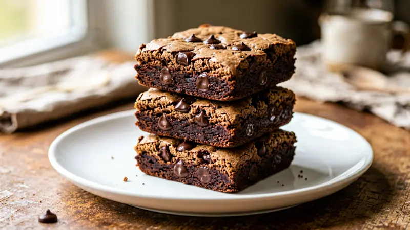 Stack of chocolate chip brownies on a white plate
