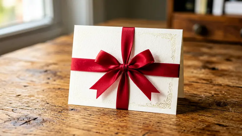 Greeting card with red ribbon on wooden table