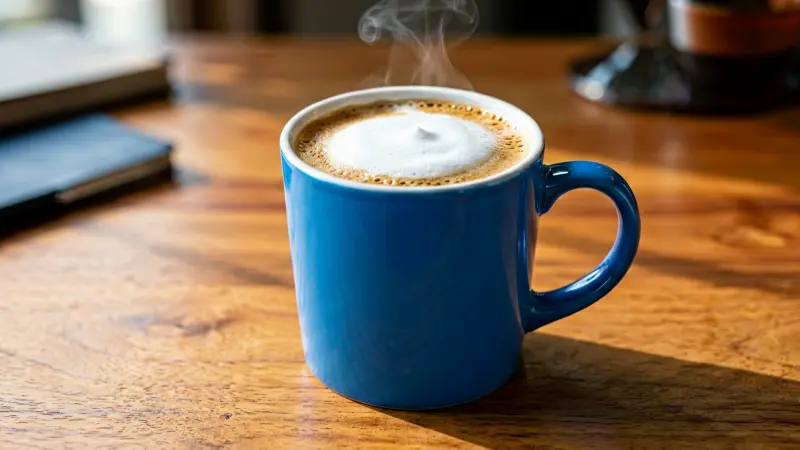 Blue mug with white coffee foam sitting on desk