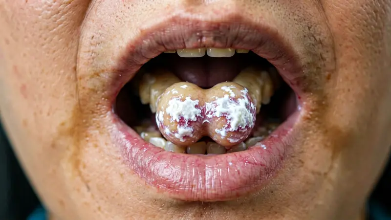 Pharyngeal tonsil with characteristic white exudates and inflammation