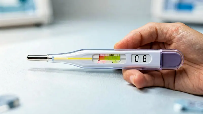 Medical thermometer displaying elevated temperature reading