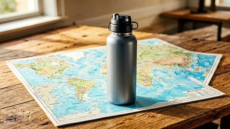 Reusable water bottle and map on wooden table