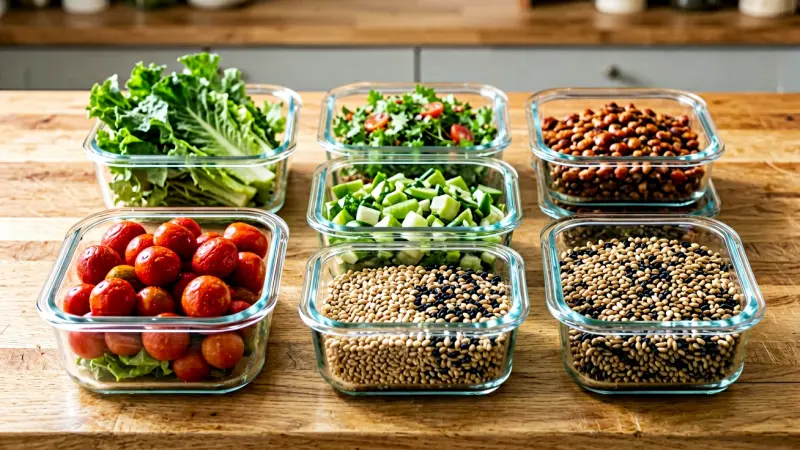 Variety of colorful fresh vegetables and grains arranged in clear glass meal prep containers on a wooden countertop