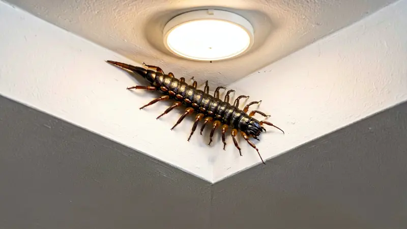 House centipede with long legs resting on a white ceiling