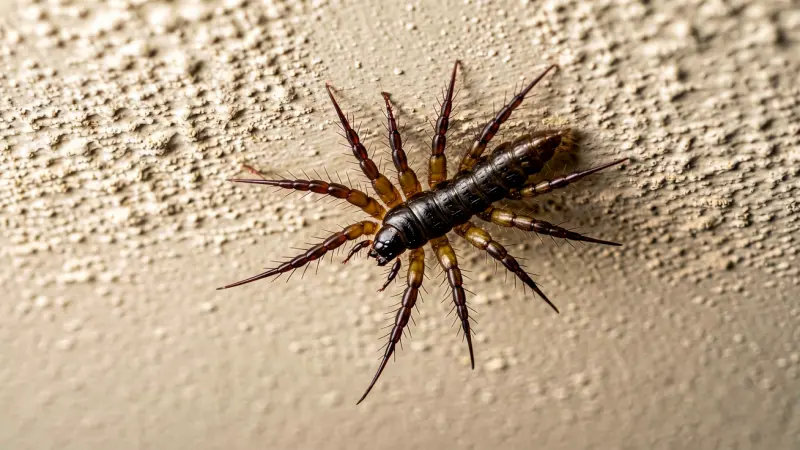 House centipede on a wall with visible long antennae and banded legs