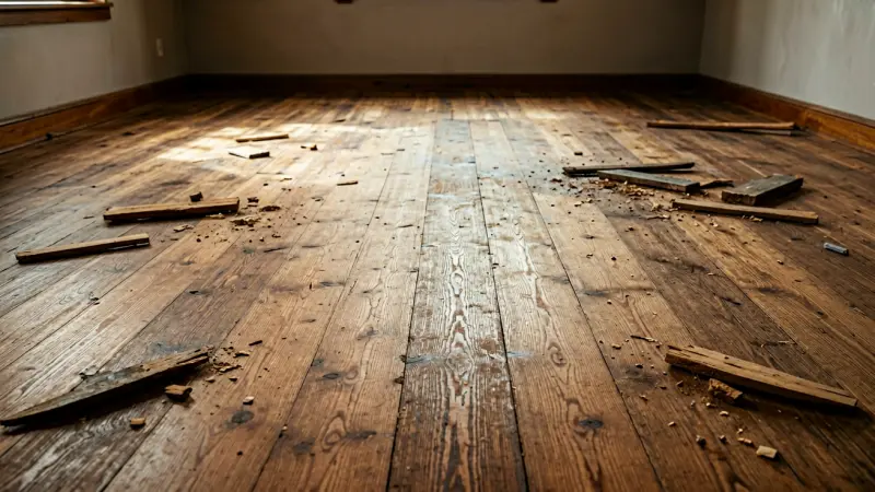 Empty wooden floor with scattered debris
