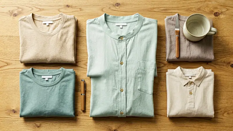Flat lay of folded neutral and pastel clothing items with minimalist accessories on a wooden table