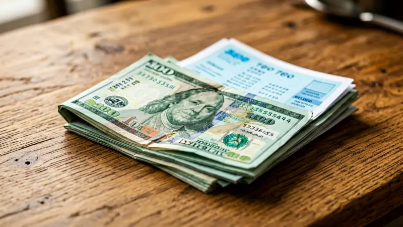 Neatly folded cash and travel documents on a wooden table