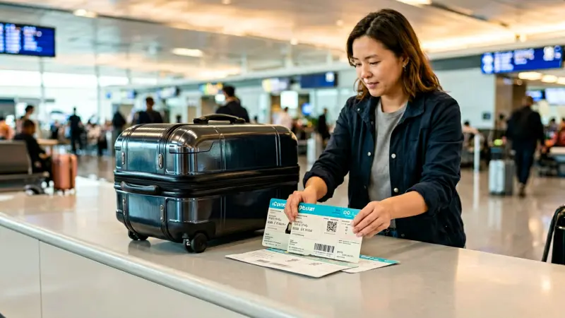 Luggage and boarding pass on airport counter