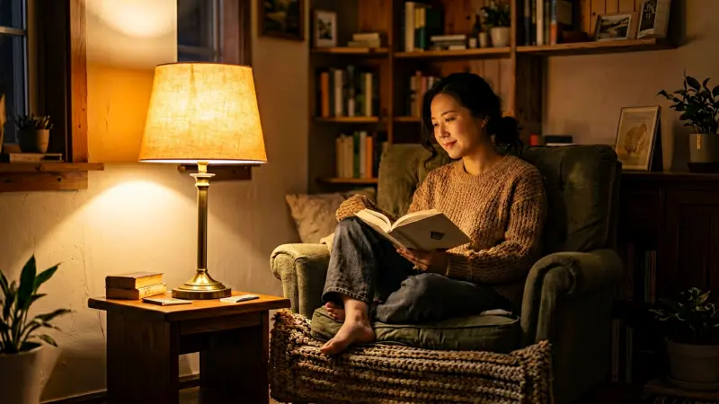 Cozy reading nook with warm lamp