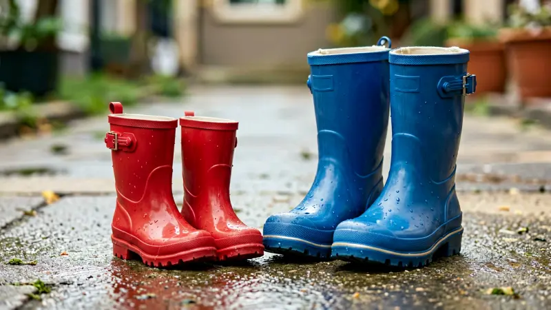 A pair of small red rain boots next to a pair of larger blue ones