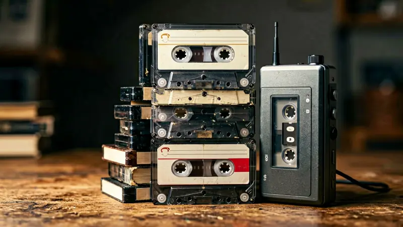 Stack of old cassette tapes and walkman