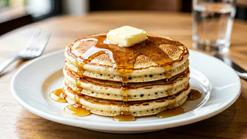 Stacked diner pancakes with butter and syrup on a white plate