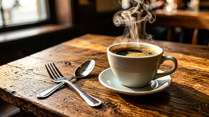 Silverware next to a steaming cup of coffee on a wooden table