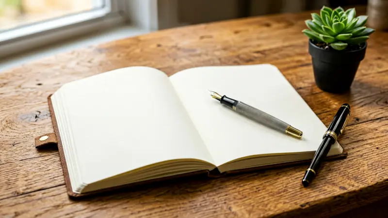 Open blank journal with a fountain pen resting on a wooden desk beside a small plant
