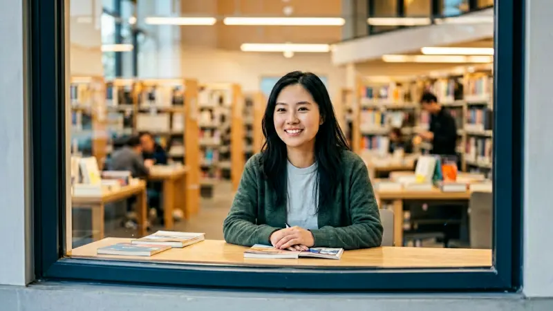 modern library service window with blurred interior background