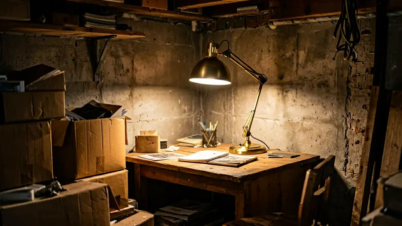 Cluttered basement corner with a desk lamp