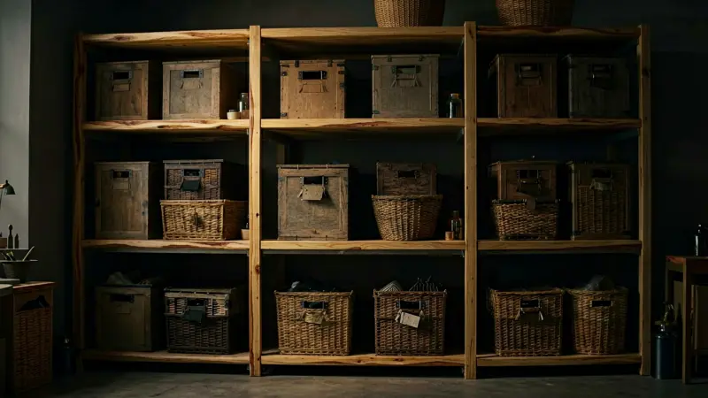 Neatly organized storage shelves in dim light