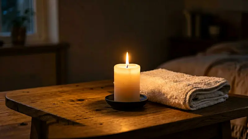 Tranquil candle on a wooden table beside a folded towel in a dimly lit room