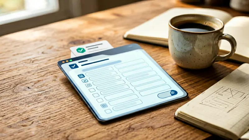 Sleek digital checklist card resting on a wooden desk beside a ceramic coffee cup and an open notebook