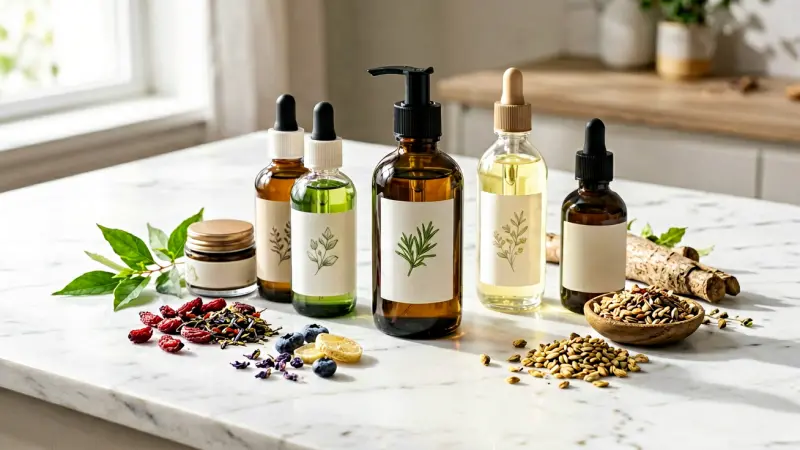 Assorted natural skincare bottles and ingredients on white marble surface
