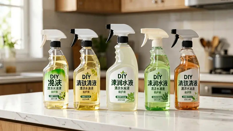 Bottles of DIY non-toxic cleaning ingredients arranged on a kitchen counter