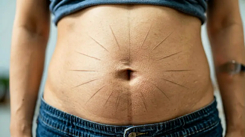 Close-up of stomach region with radiating lines indicating discomfort
