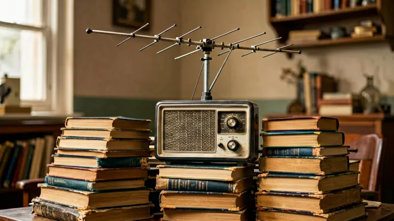 A vintage radio antenna extending above a chaotic pile of books