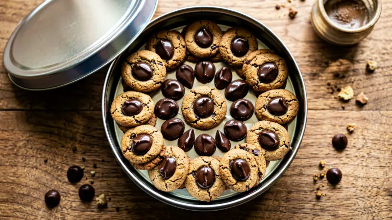 open cookie tin with dark chocolate mints arranged in circular pattern viewed from above