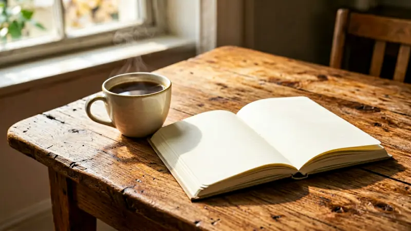 Serene rustic table with coffee cup, open journal, and natural light