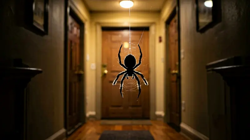 Silhouette of a spider dangling from a thread in an entryway