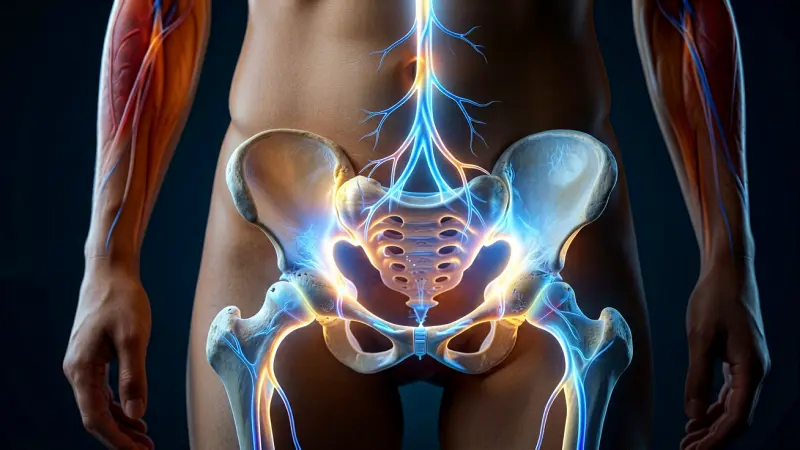 Minimalist illustration of a nervous system pathway glowing near the pelvic region