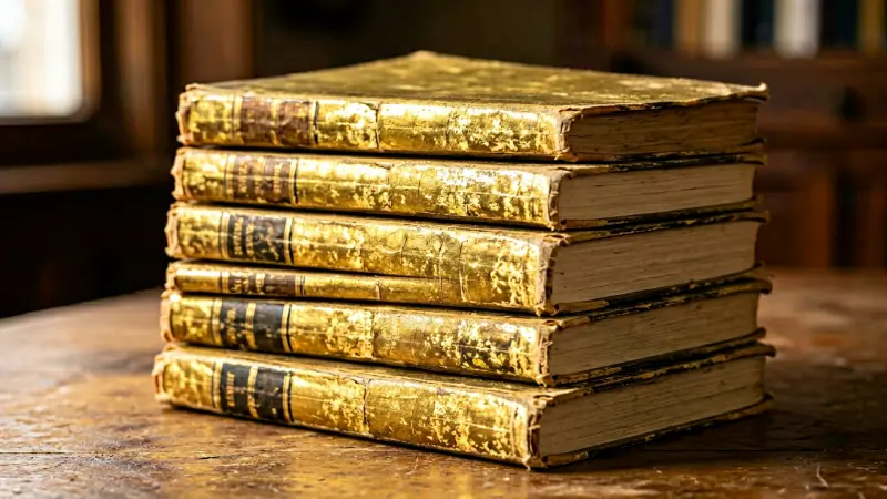 stack of vintage yearbooks with faded gold covers