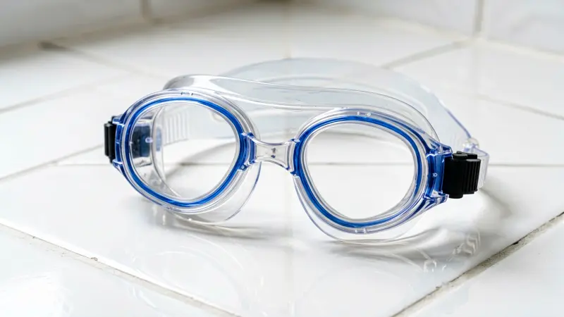 close up of clear silicone shower goggles on white tile